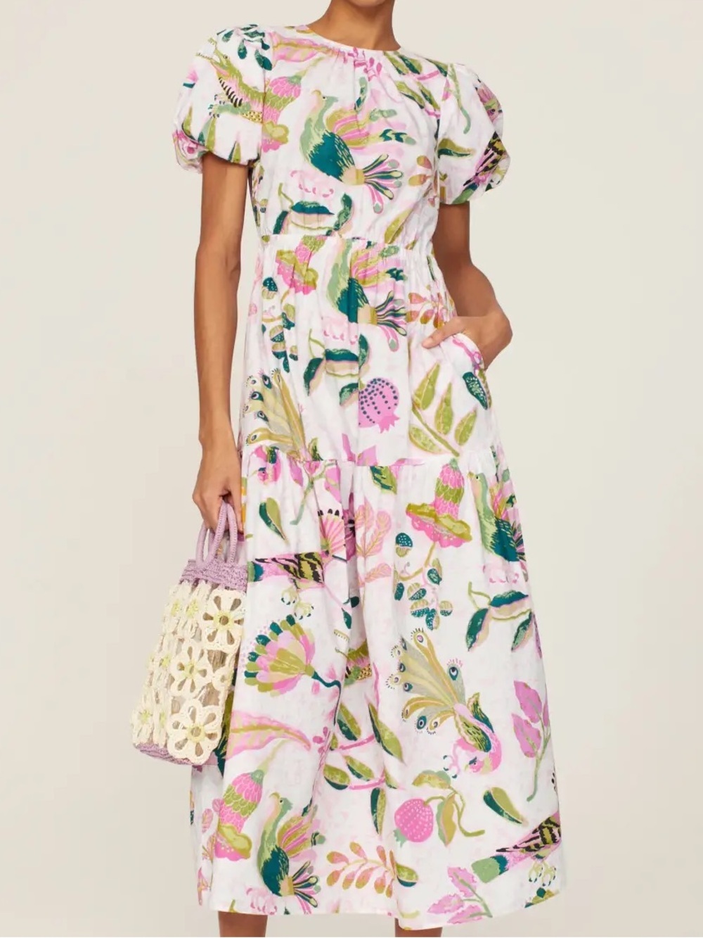Banjanan White Dress preppy back cut boho Pink & Green Floral Print size medium
